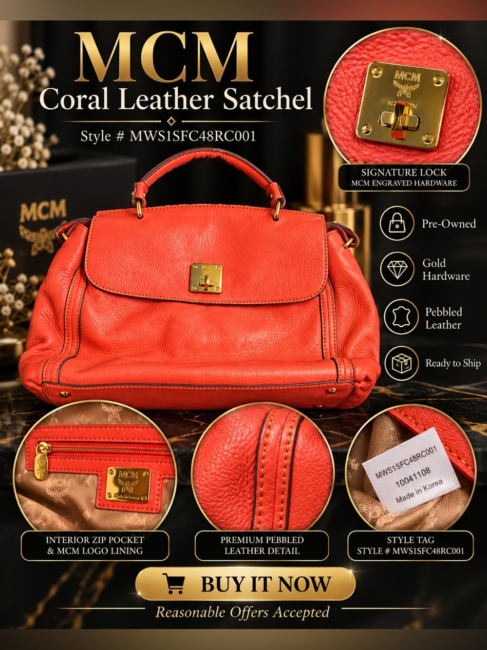 MCM Coral Orange Leather Satchel Crossbody Bag Gold Hardware